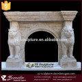 indoor carved white stone fireplace mantel with lion statues